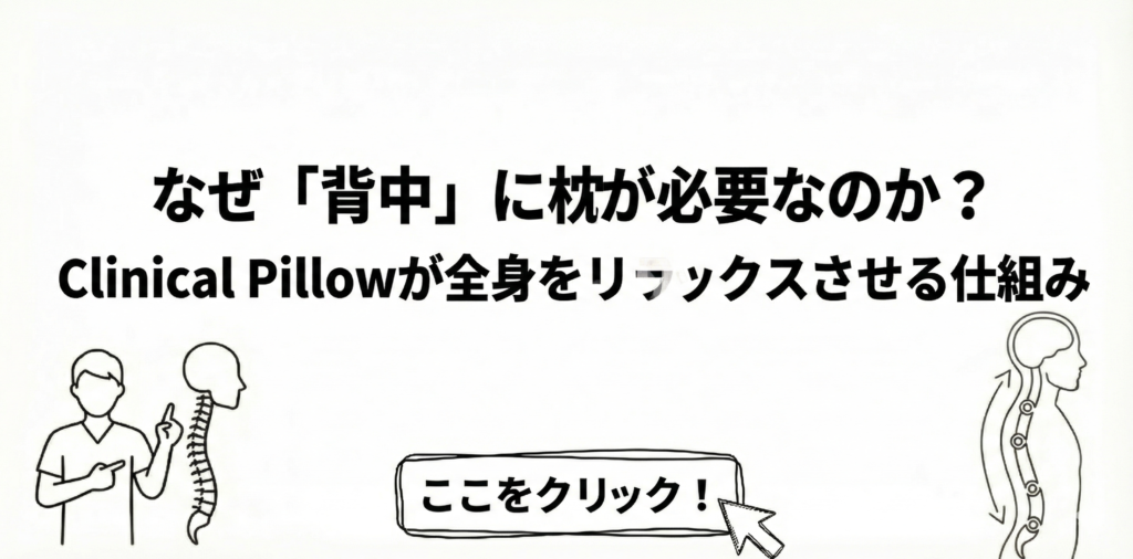 ブログアイキャッチ：なぜ「背中」に枕が必要なのか？Clinical Pillowが全身をリラックスさせる仕組み。理学療法士のイラストと全身の解剖図、「ここをクリック！」のボタンが含まれる画像。