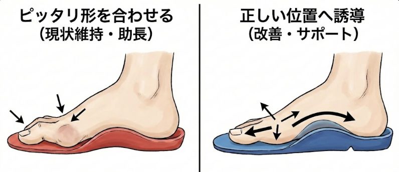 オーダーメイド枕で、形をぴったりに合わせること対しての落とし穴として、インソールを例に説明